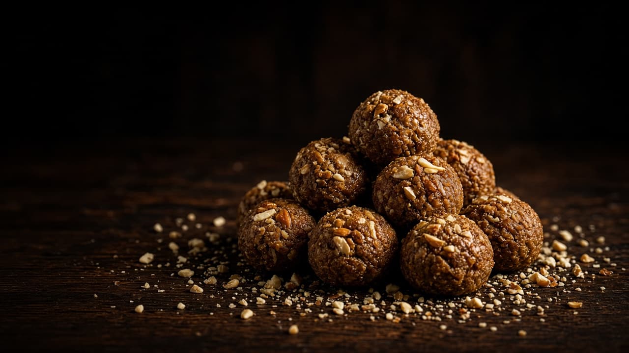 Rustic golden-brown pinni stacked on dark walnut wood