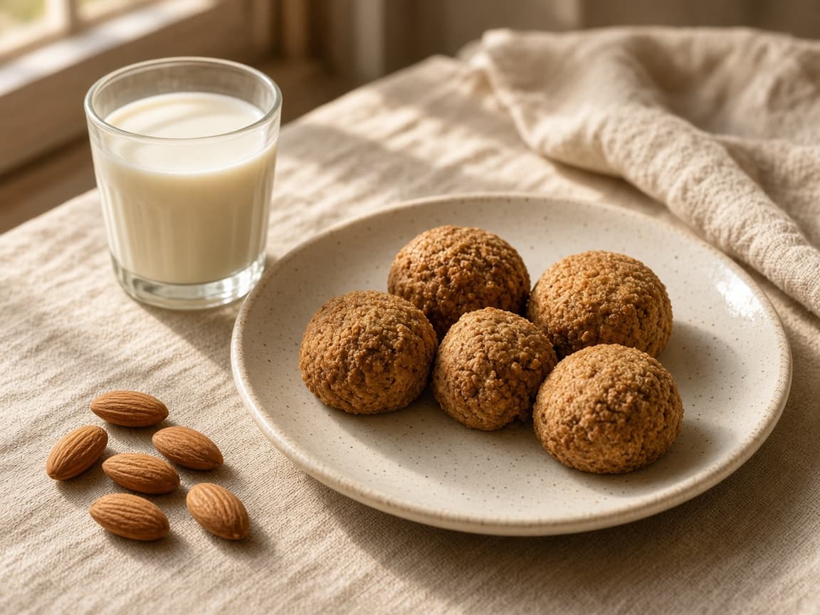 Pinni served on a cream plate beside warm milk